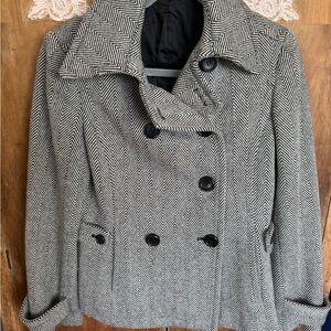 Express Herringbone Black and White Pea Coat